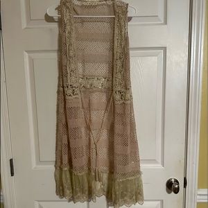 Beautiful khaki eyelet, crochet and lace long vest